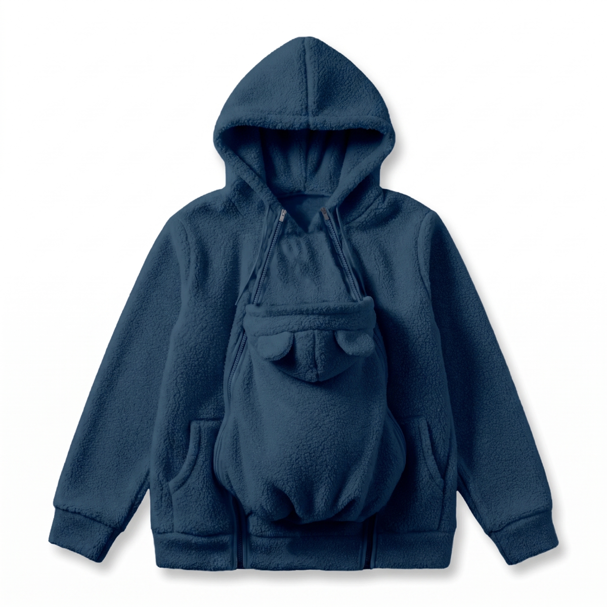 MAMORA Tragehoodie in Blau mit integriertem Babybeutel und Bärenohren-Kapuze