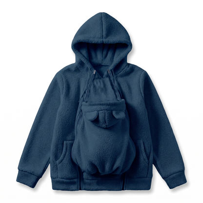 MAMORA Tragehoodie in Blau mit integriertem Babybeutel und Bärenohren-Kapuze