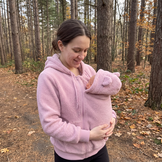 Mutter trägt roséfarbenen MAMORA Tragehoodie mit Baby im integrierten Bauchbeutel